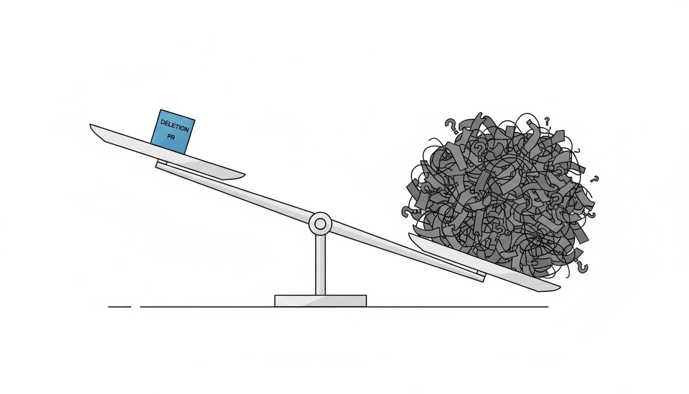A balance scale tipping under the weight of uncertainty and risk versus a small clean deletion