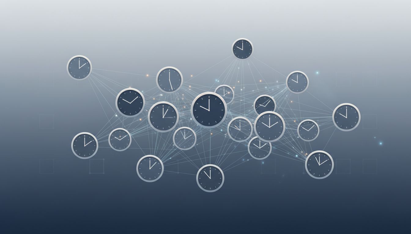 Multiple clocks in a network each showing slightly different times, illustrating clock skew in distributed systems