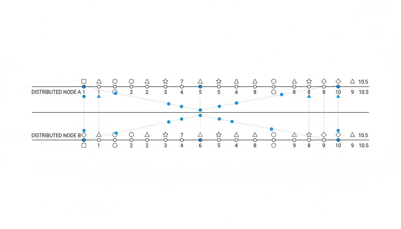 Two parallel event timelines from different nodes showing ordering divergence