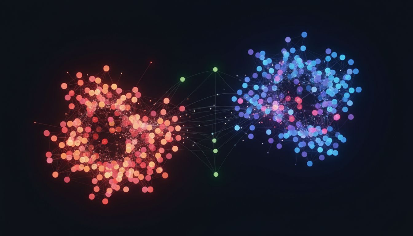 Abstract visualization of an embedding space showing clusters of related concepts as glowing points in a dark geometric field