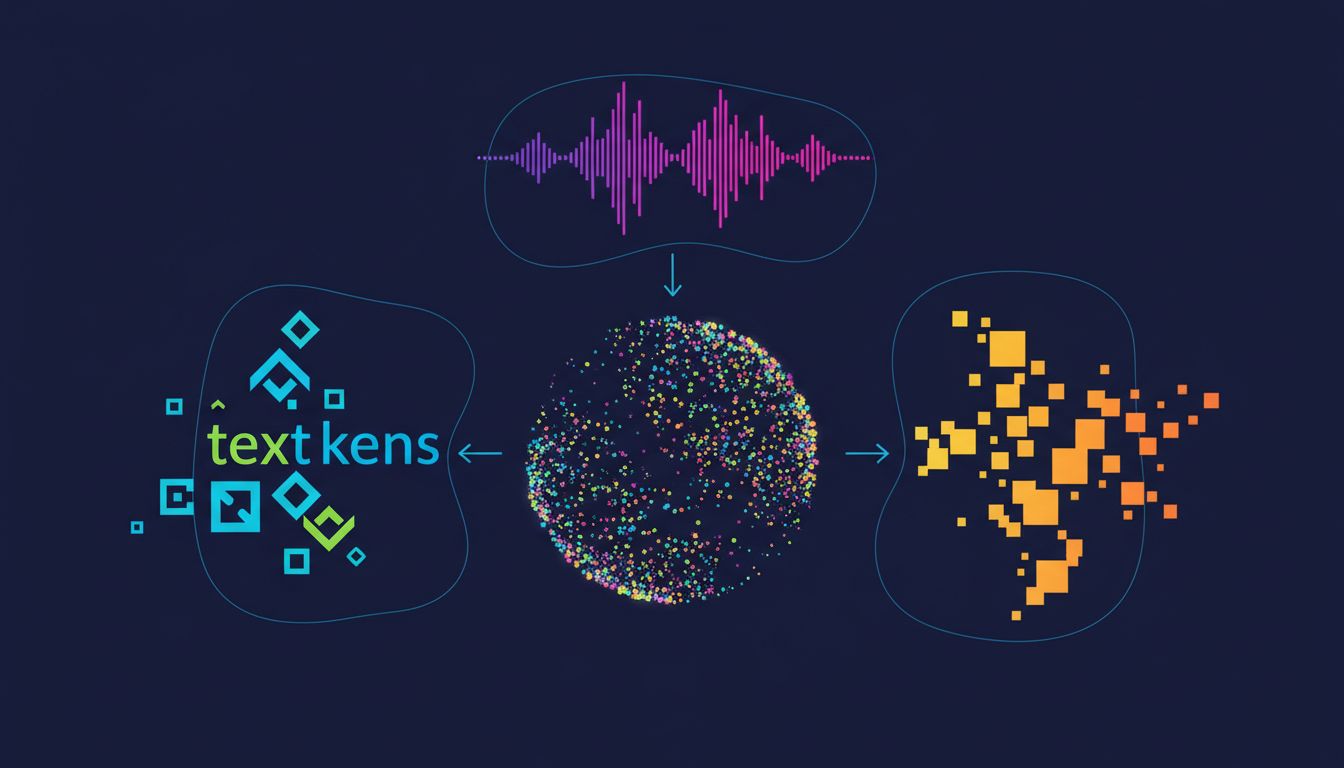 Diagram showing text, images, and audio collapsing into a shared embedding space where similar concepts cluster together regardless of modality