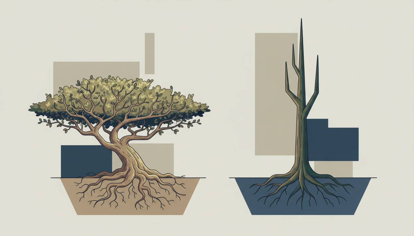 Two trees illustrating shallow wide growth versus deep narrow growth, with the deep-rooted tree standing taller