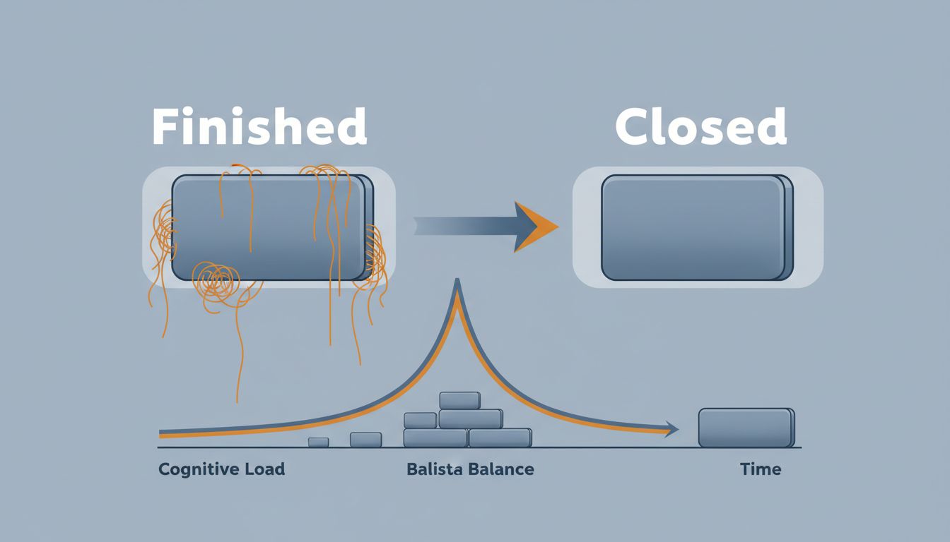 Diagram showing the two-stage process from finished to closed, with a graph illustrating rising cognitive load when tasks stall between stages