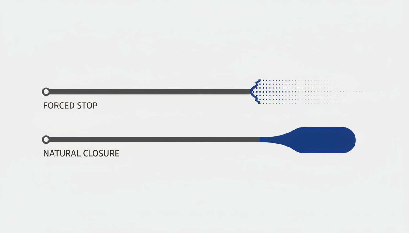 Diagram comparing forced stopping points versus natural cognitive closure in a work session