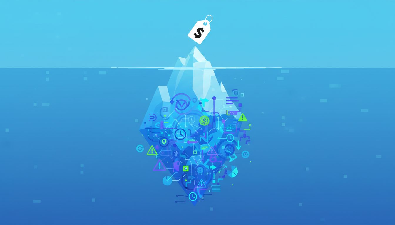 Iceberg illustration showing a small visible price tag above water and a massive hidden cost structure below the surface
