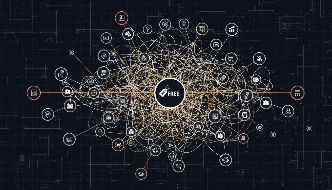 Circuit-diagram style visualization of workflow dependencies all connected to a single free software tool at the center