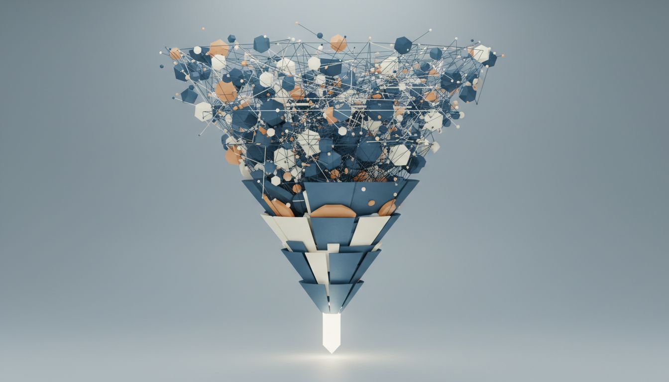 Layered diagram showing complexity collapsing into near-nothing as abstraction deepens