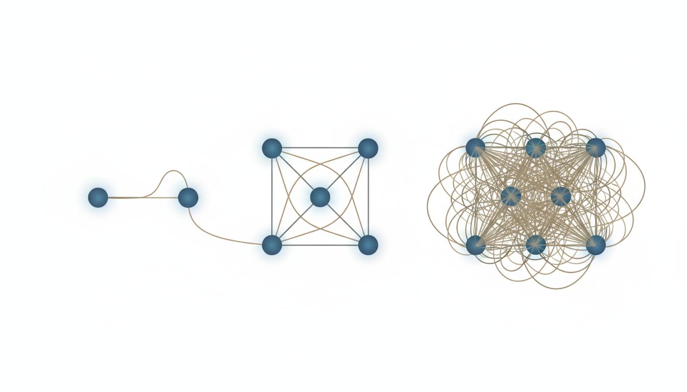 Abstract diagram showing how communication links between team members grow exponentially as headcount increases