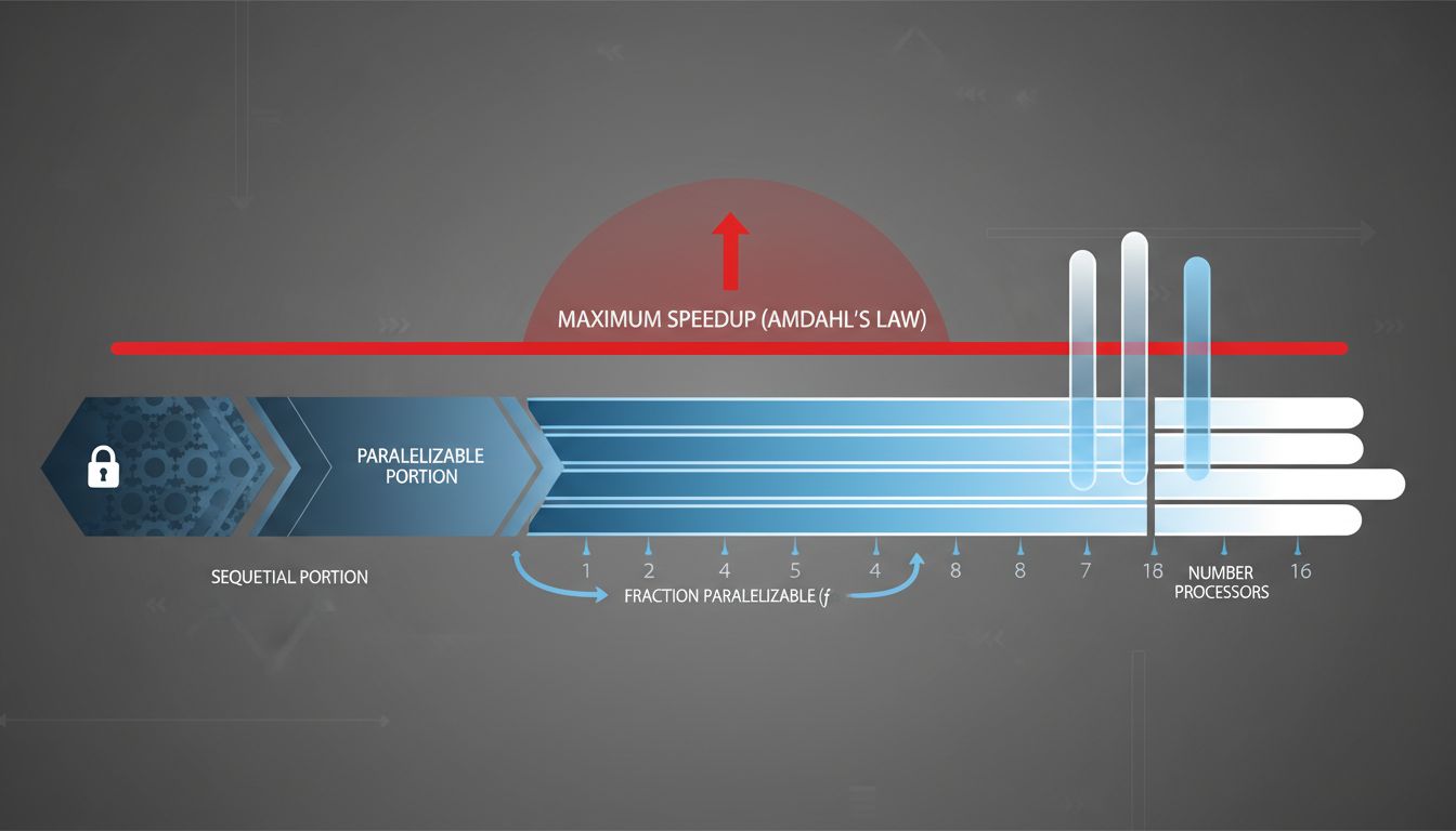 Diagram illustrating Amdahl's Law showing the hard ceiling on parallel speedup from sequential work