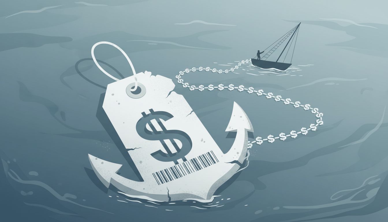 An anchor shaped like a price tag holding a boat in place, illustrating how early pricing locks in buyer expectations