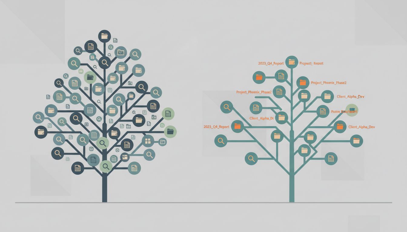 Two abstract tree diagrams comparing a deep taxonomy-based file structure to a shallow retrieval-oriented file structure