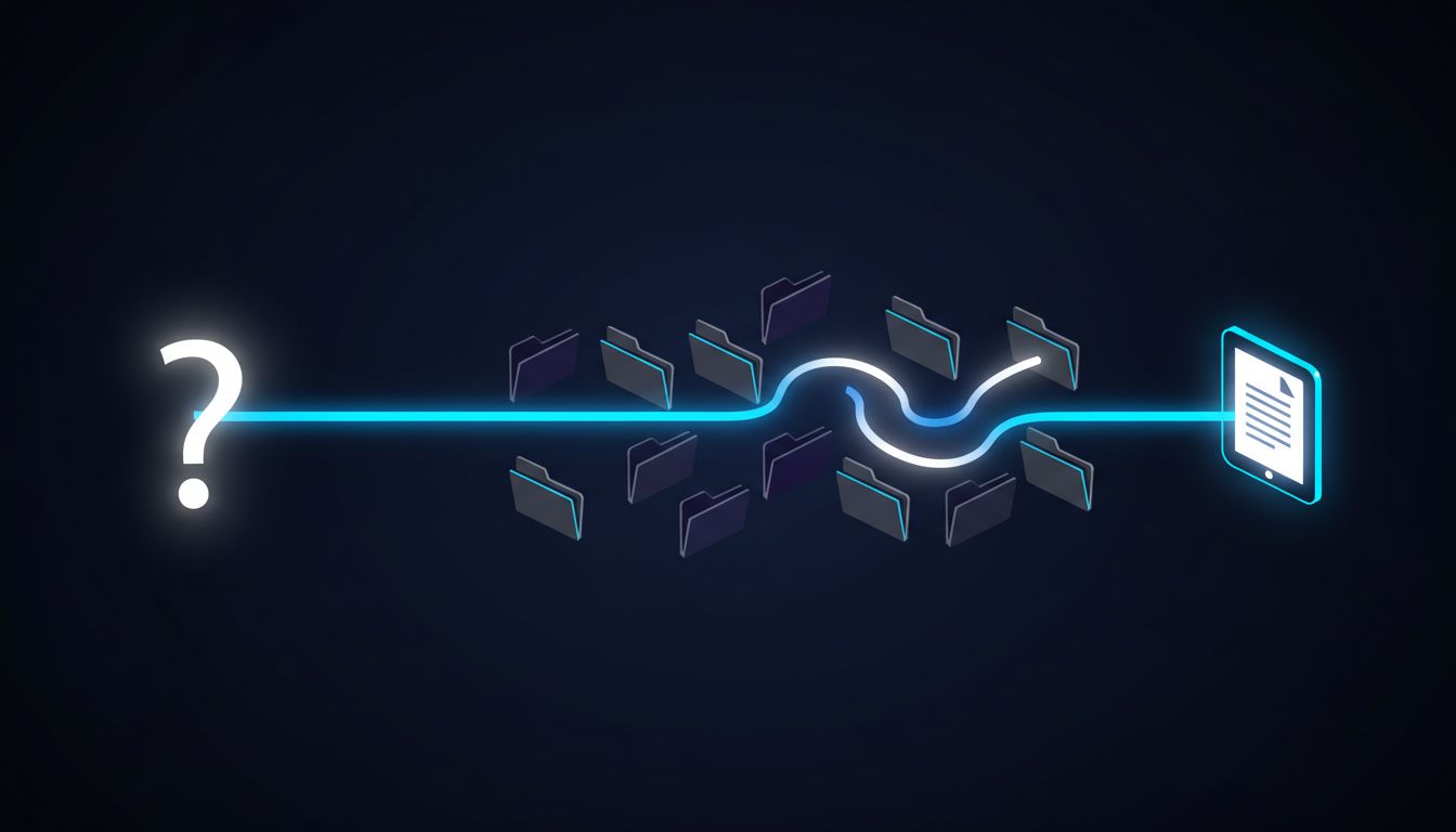 Abstract flow diagram showing a retrieval query navigating through a file hierarchy to a single document