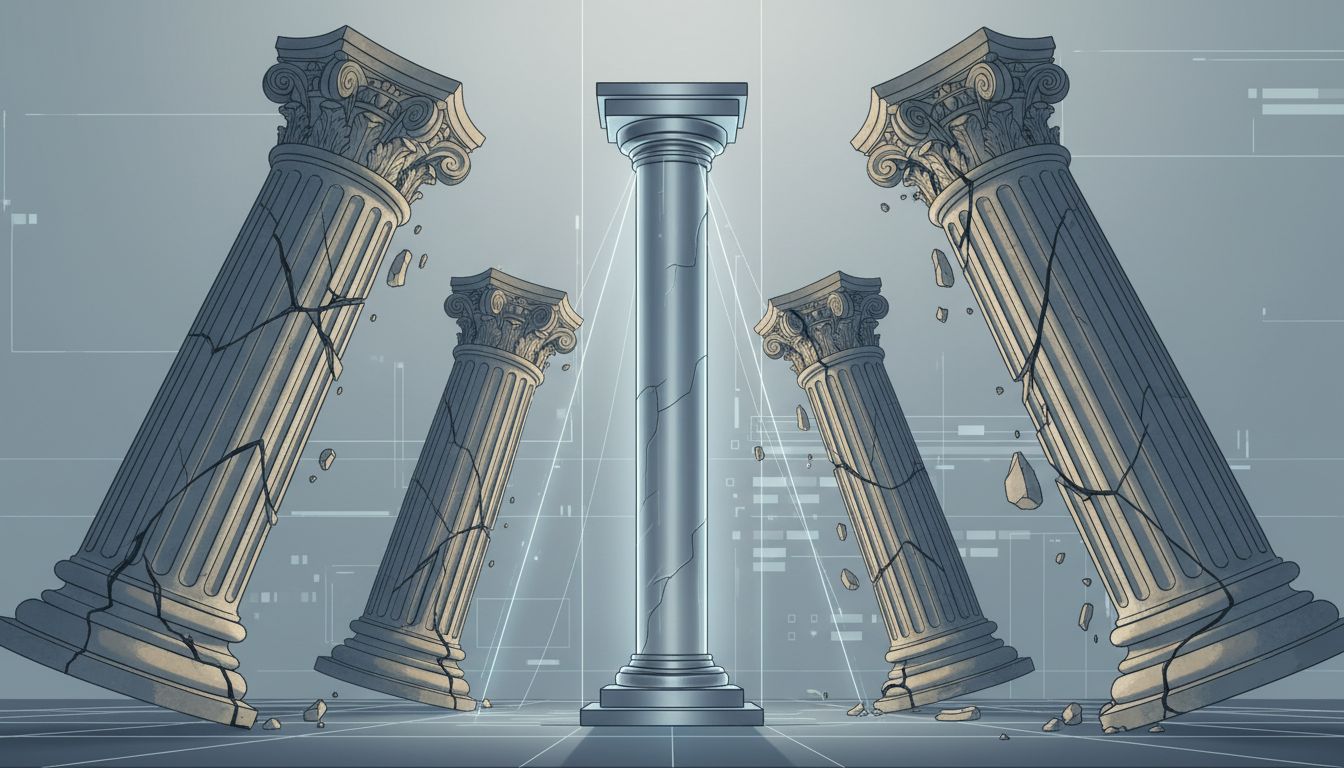 A single load-bearing column standing firm while larger, more ornate columns crack and lean around it