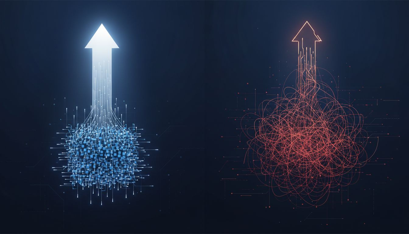 Two network diagrams comparing small tight teams with high output versus large sprawling teams with fragmented output