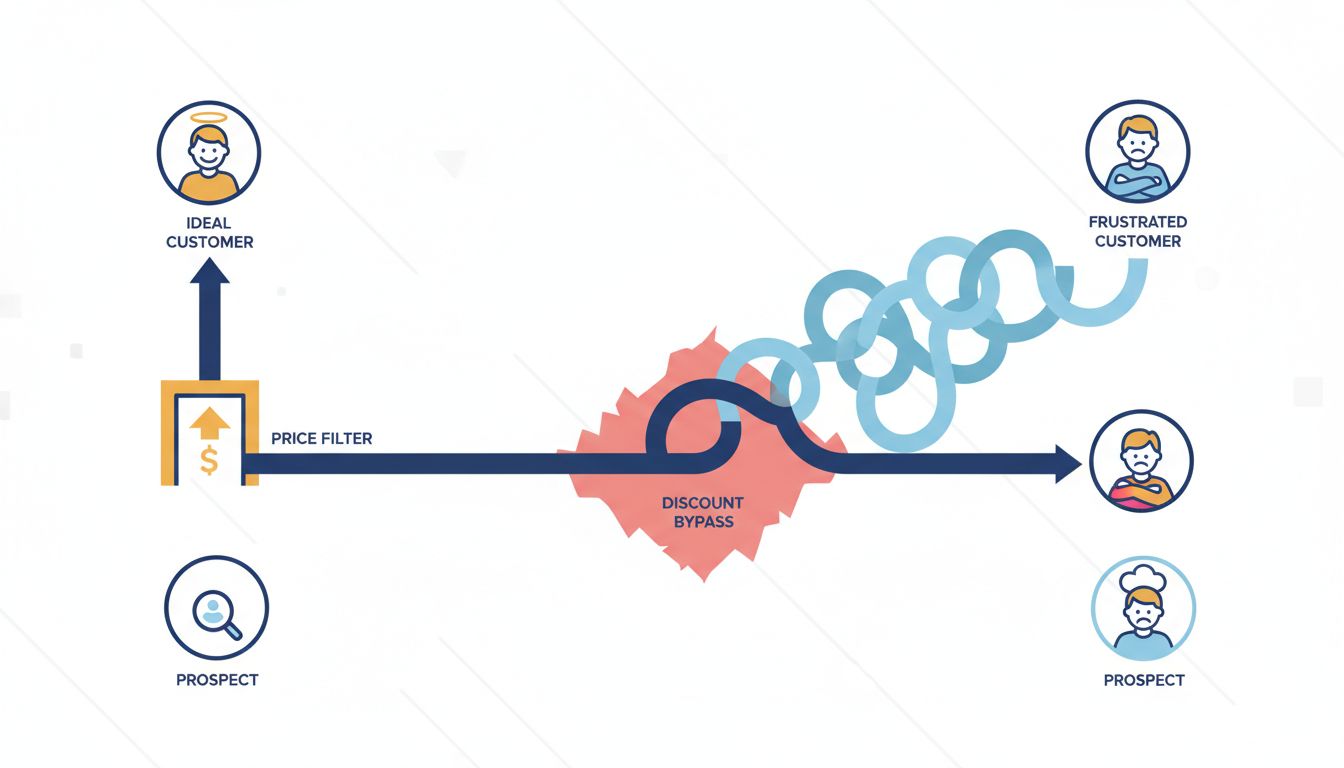 Diagram contrasting a clean pricing filter path versus the tangled path created by discounting