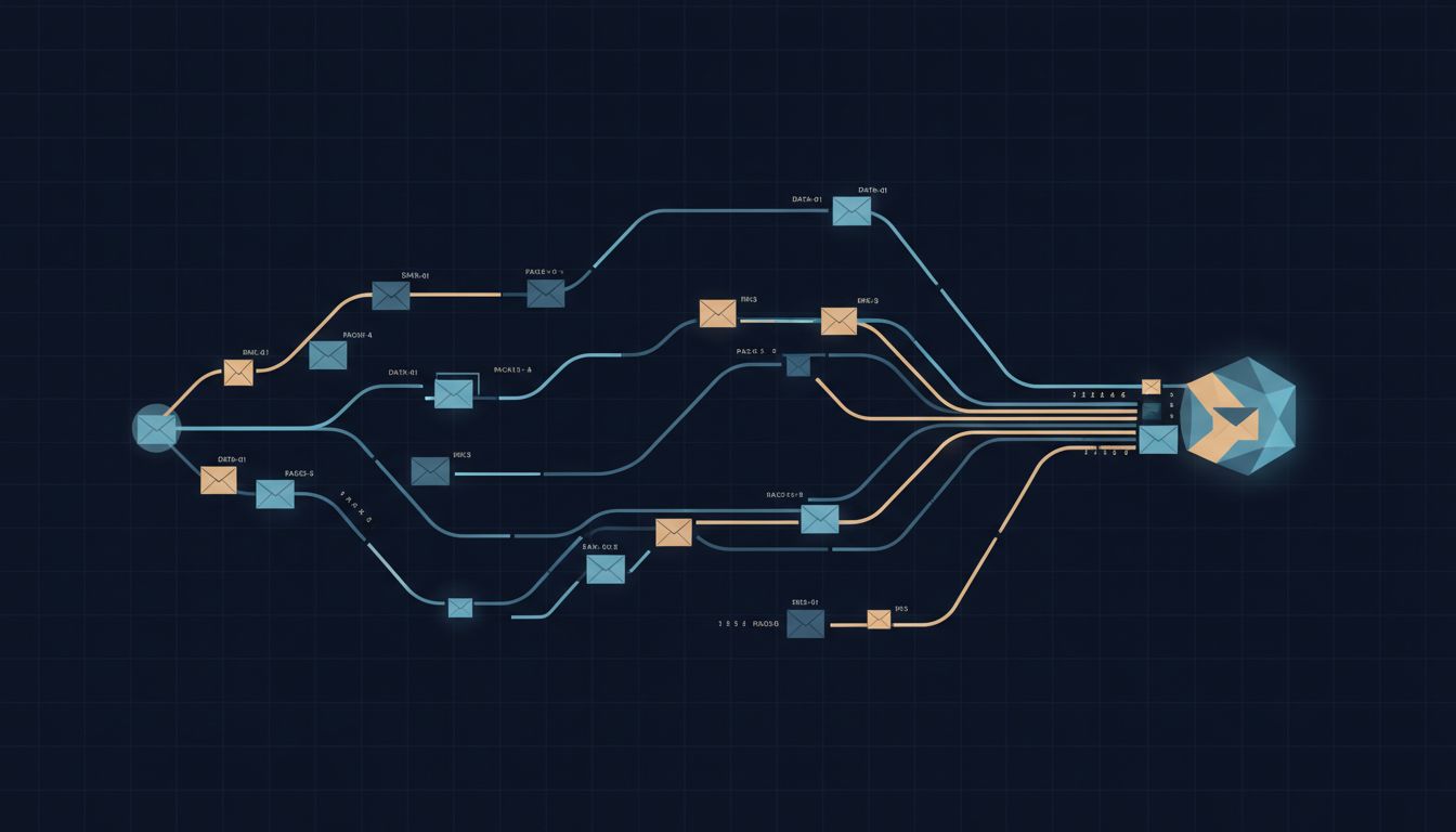 Abstract illustration of data packets traveling different routes across a network to reach the same destination