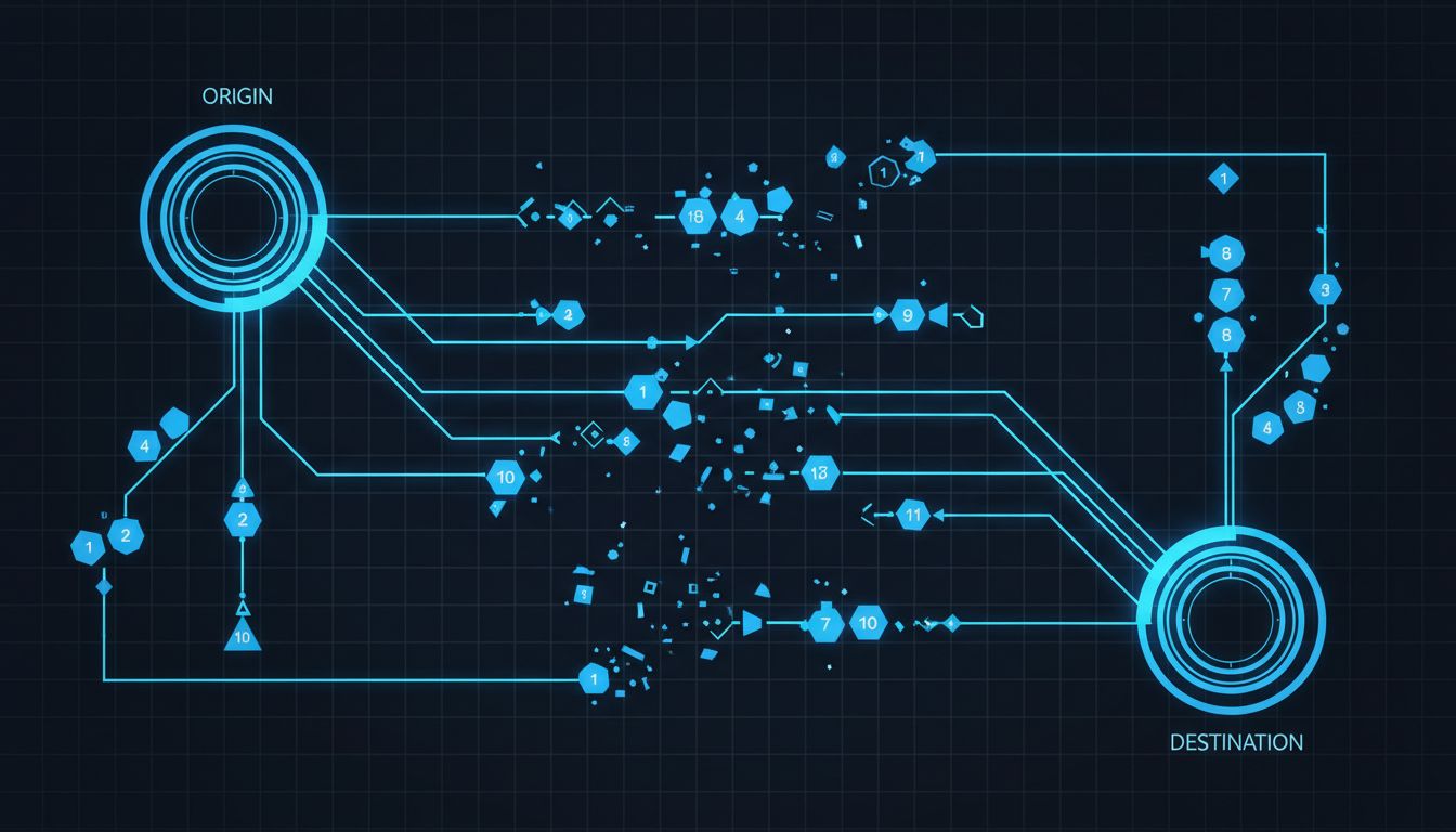 Abstract diagram showing numbered data packets traveling multiple routes across a fragmented network and reassembling in order at the destination
