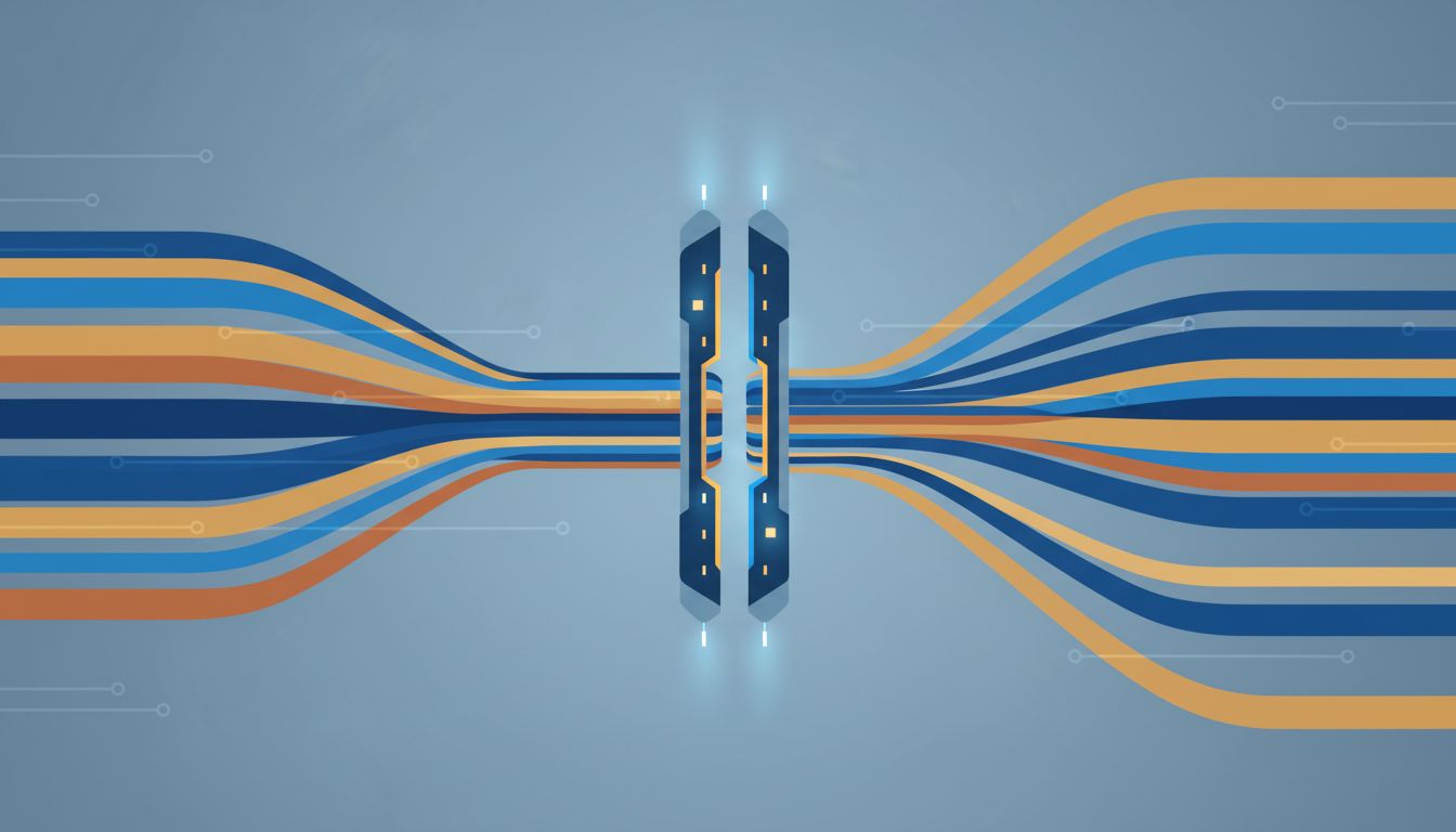 Abstract illustration of multiple threads converging on a lock mechanism