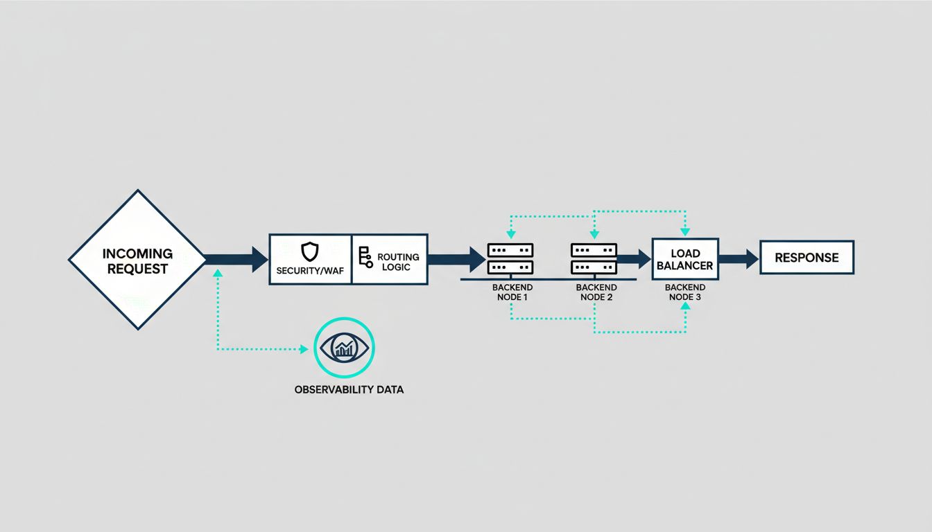 Diagram showing request filtering, routing, and observability data flowing back through a load balancer