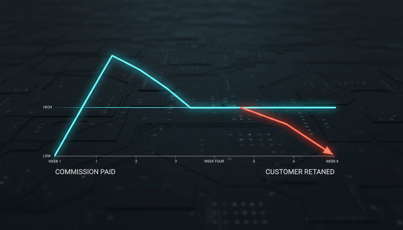 Graph showing commission payment timing diverging from customer retention over time