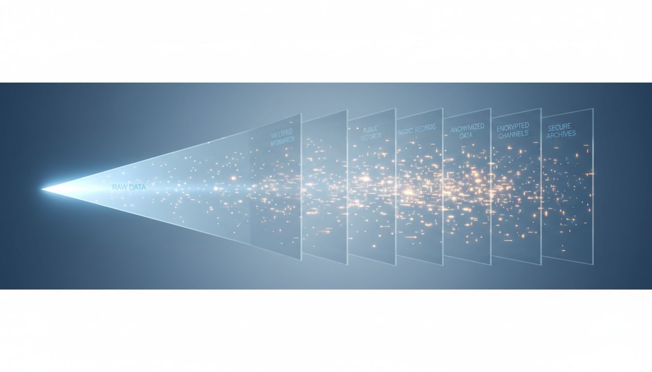 Illustration of a light beam becoming scattered as it passes through multiple dense layers, representing information dilution in AI context windows