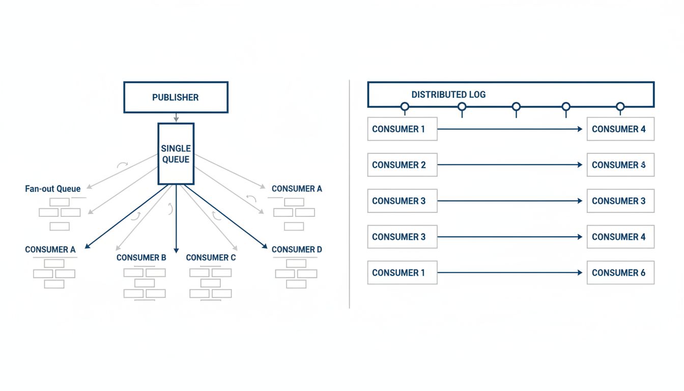 Diagram comparing fan-out complexity in a queue-based architecture versus independent offset-based consumers reading from a shared log