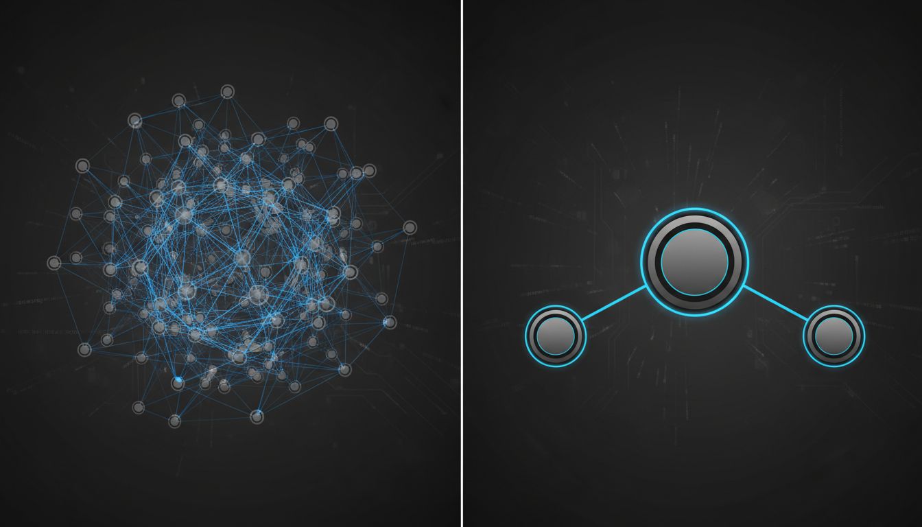 Two network diagrams contrasting over-connected meeting attendance versus minimal effective attendance