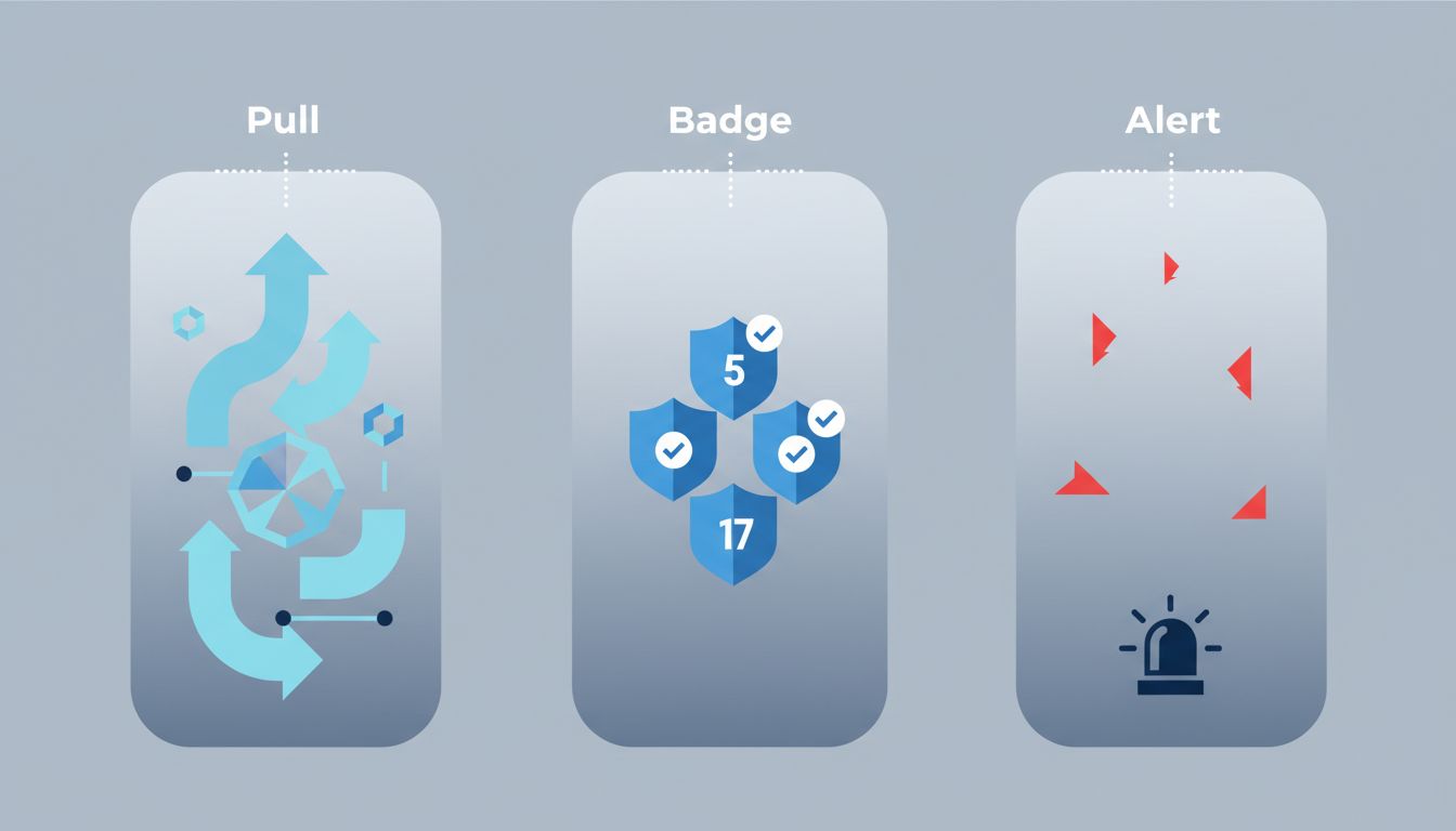 Three-bucket taxonomy diagram sorting notifications into Pull, Badge, and Alert categories