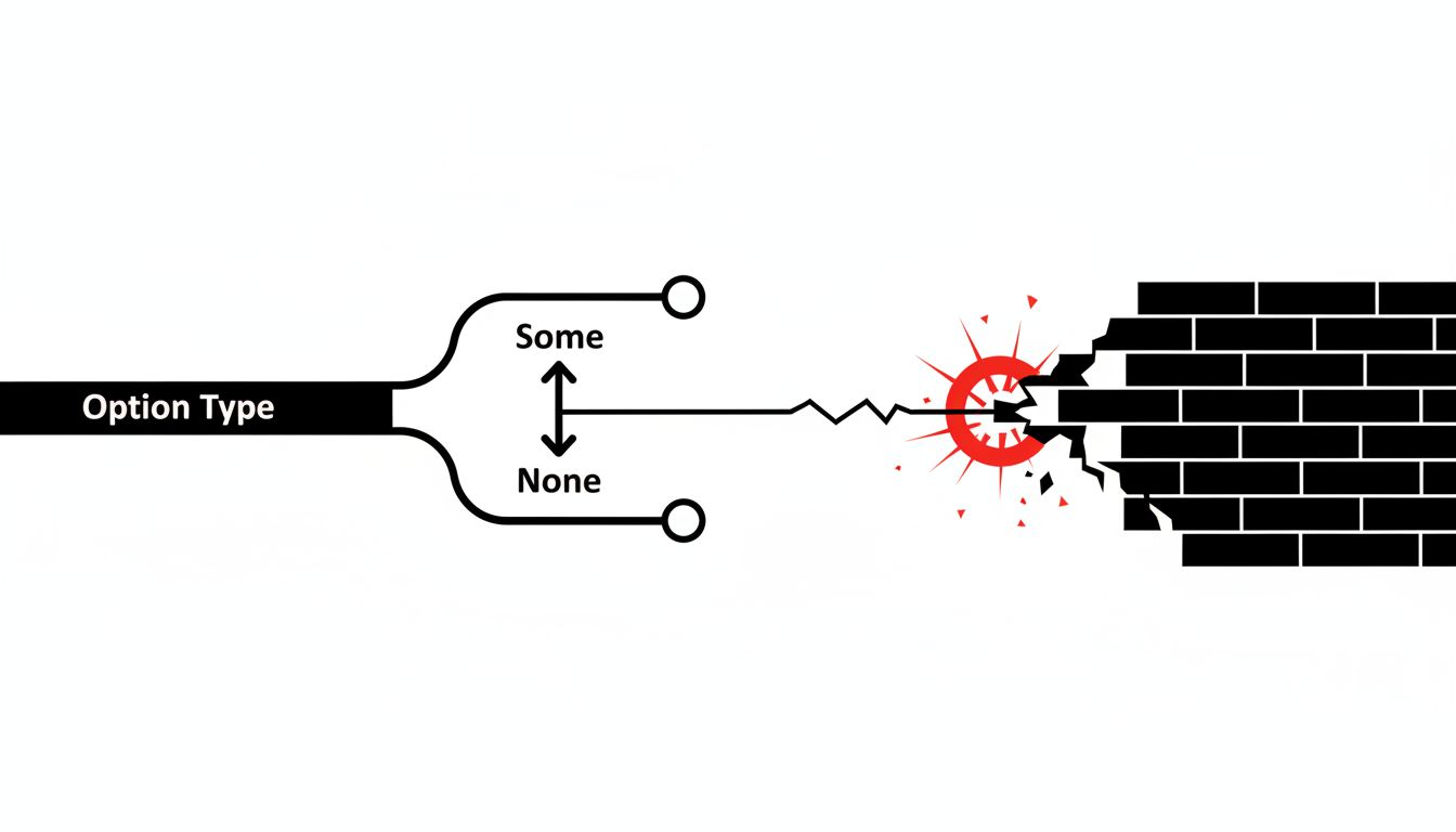 Diagram comparing a null pointer crash path versus an Option type with explicit Some and None branches