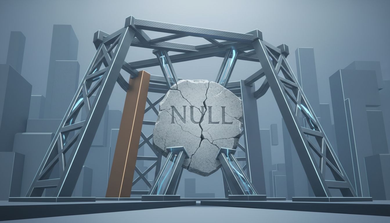 Illustration of elaborate scaffolding built around a cracked foundation stone labeled NULL
