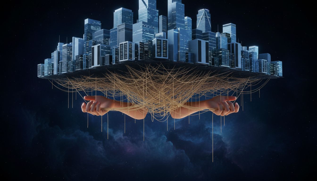 Illustration of a commercial skyline balanced on thin threads held by a single pair of hands