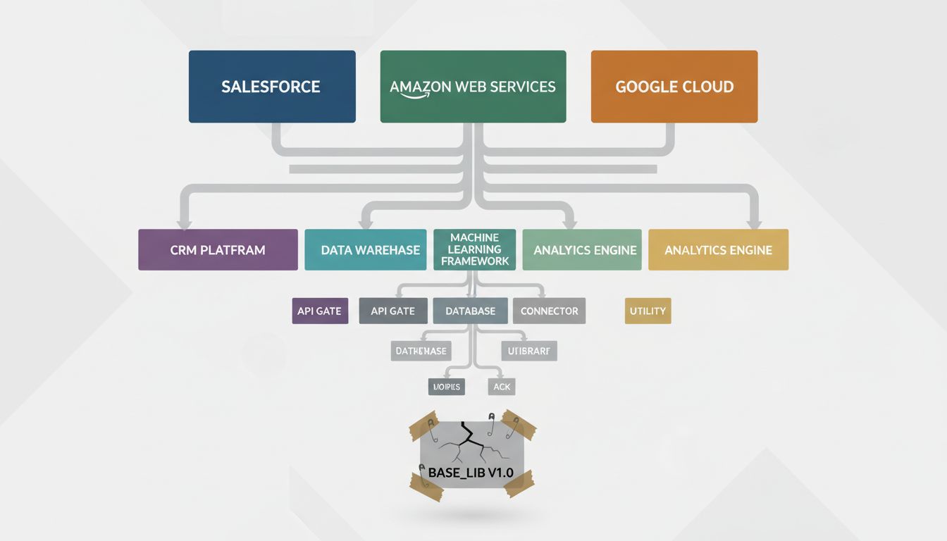 Diagram showing the full weight of commercial software dependencies resting on a single small open source package