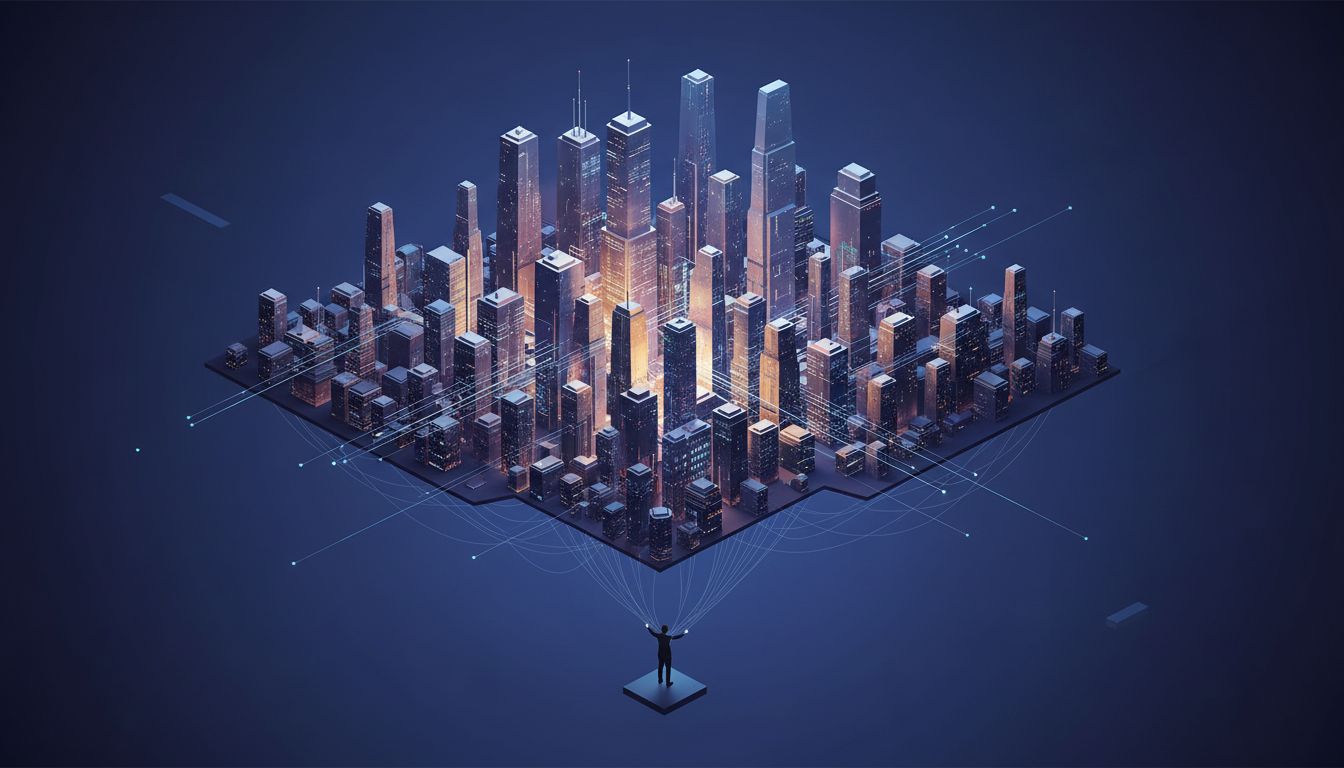 A glowing digital city skyline held up by fragile threads supported by a single small figure