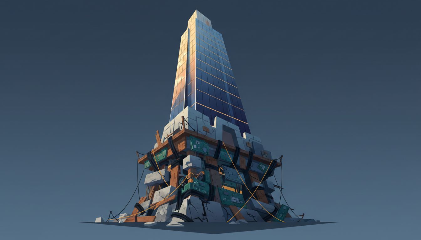 A gleaming modern skyscraper balanced on a crumbling, improvised foundation