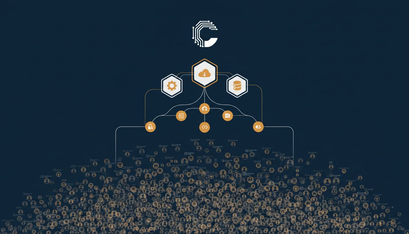 A dependency tree diagram showing a single product depending on dozens of deep open source libraries, each maintained by one person