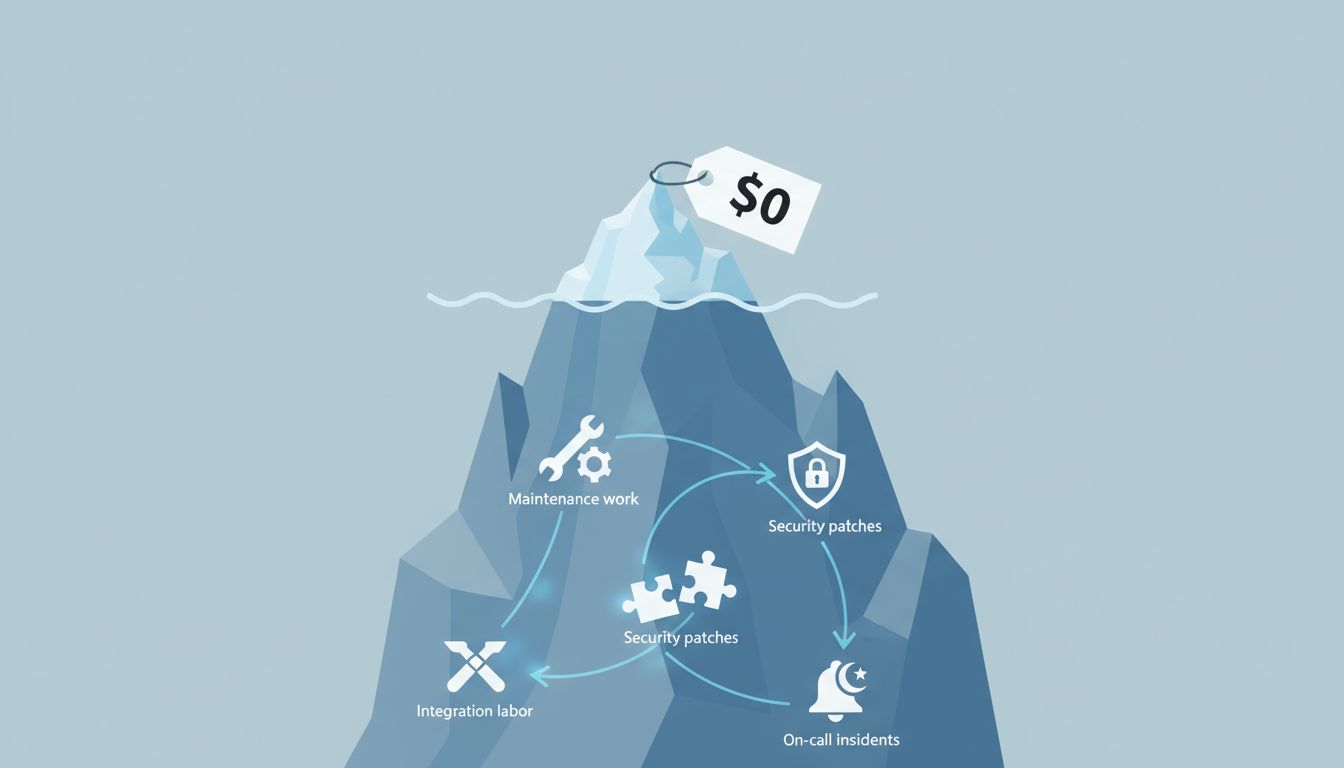 Iceberg diagram showing the small visible zero-dollar license cost above water and the vast hidden costs of open source maintenance below