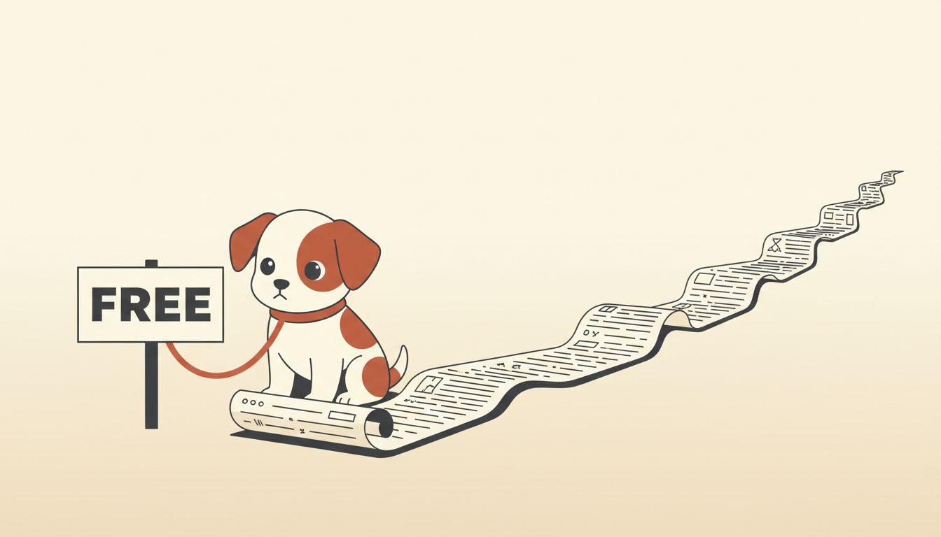 A puppy labeled free with a leash attached to a long scroll of ongoing costs