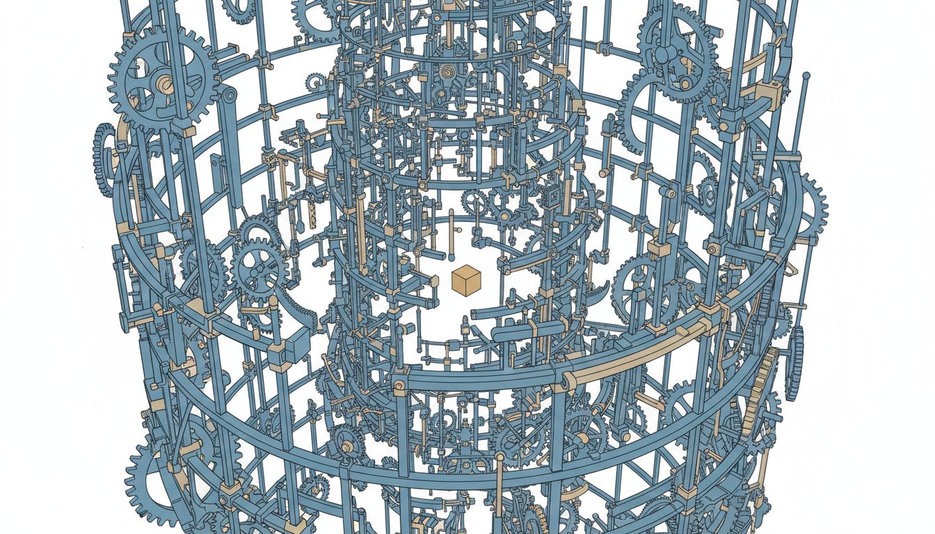 An elaborate mechanical scaffolding structure holding a tiny simple object at its center, illustrating over-engineering