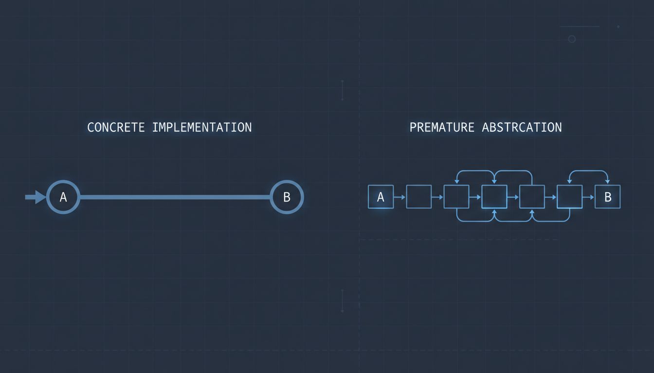 Side-by-side diagram comparing a direct implementation path with an over-abstracted equivalent