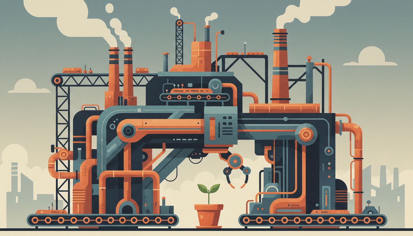 A vast factory machine built around a tiny seedling, illustrating the absurdity of premature scaling