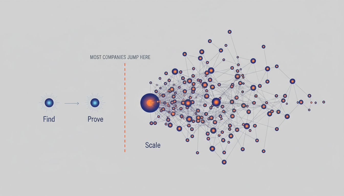 Diagram showing three startup phases: Find, Prove, Scale, with an arrow showing where most companies incorrectly jump to