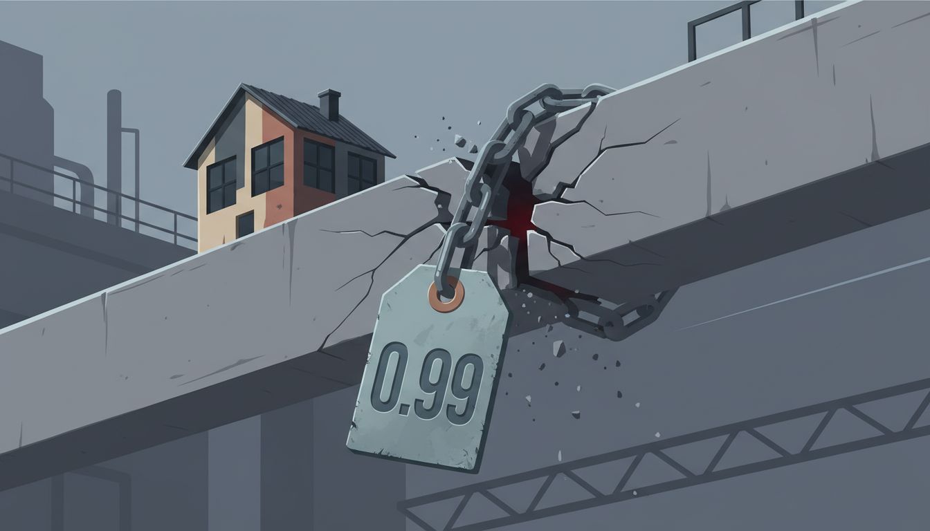 A price tag attached to a cracking structural beam supporting a building