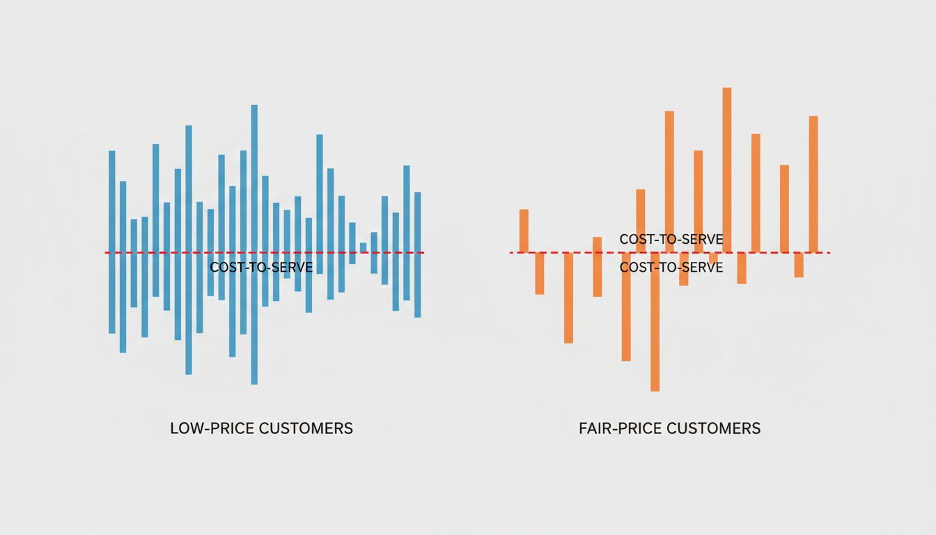Diagram comparing revenue versus cost-to-serve for low-price versus fair-price customer segments