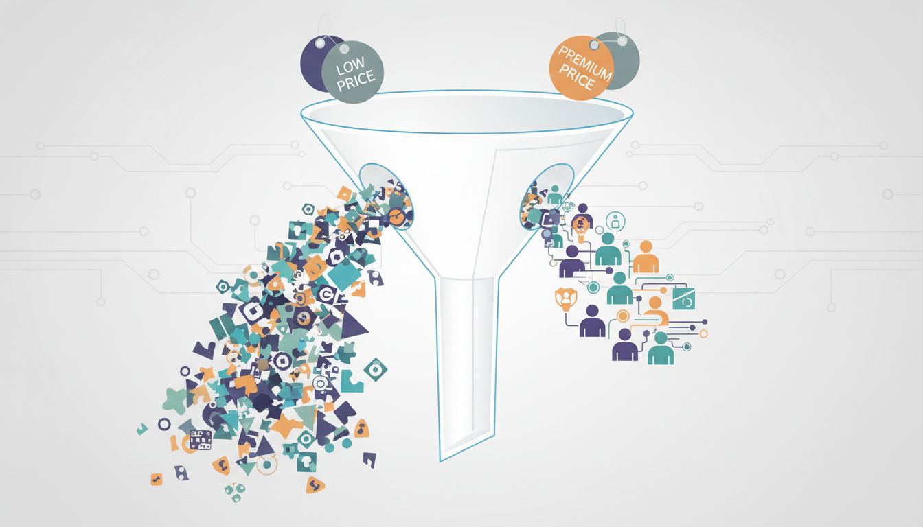 Illustration showing how price acts as a customer filter, with low prices letting in high volumes of mismatched buyers