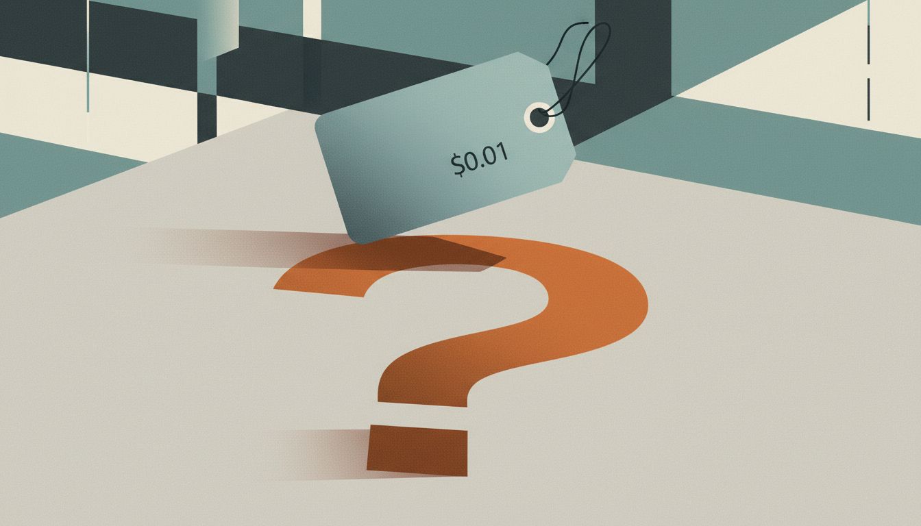 A price tag casting a shadow shaped like a question mark, suggesting buyer skepticism