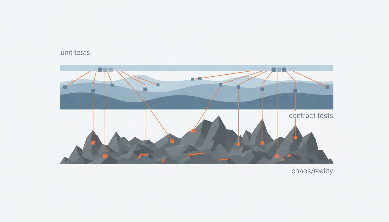 Diagram showing layered test architecture from unit tests at the top to production reality at the bottom