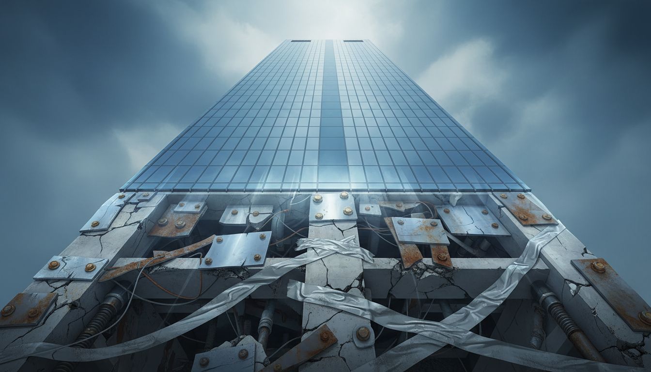 A modern building with a polished exterior concealing a cracked and heavily patched foundation