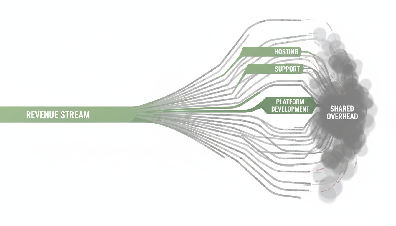 Sankey diagram showing revenue flowing in but distributed costs fanning out invisibly into shared overhead