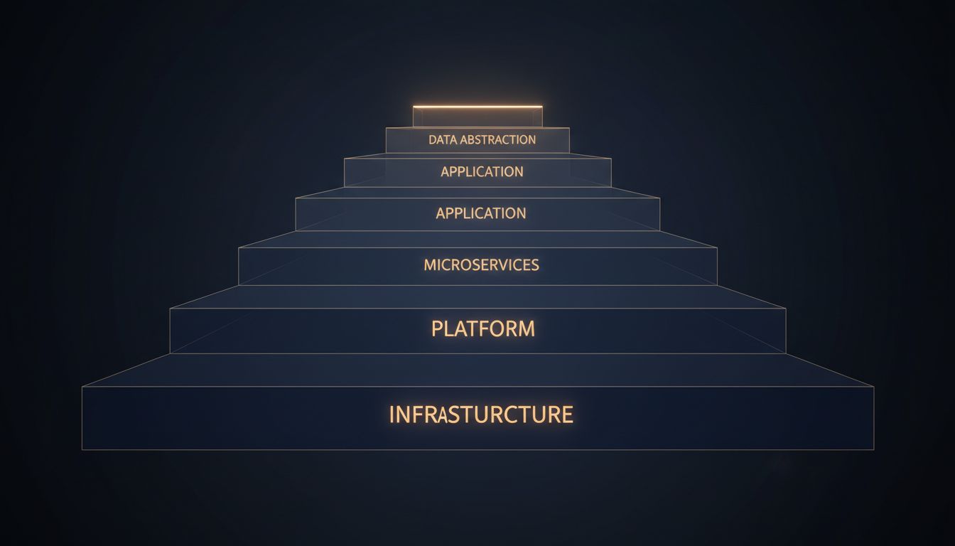 Illustration of computing abstraction layers growing progressively thinner as they stack upward