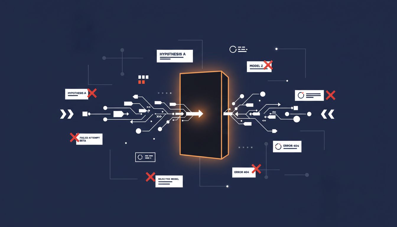 Abstract illustration of a black-box system receiving text inputs and emitting outputs, surrounded by iterative notes